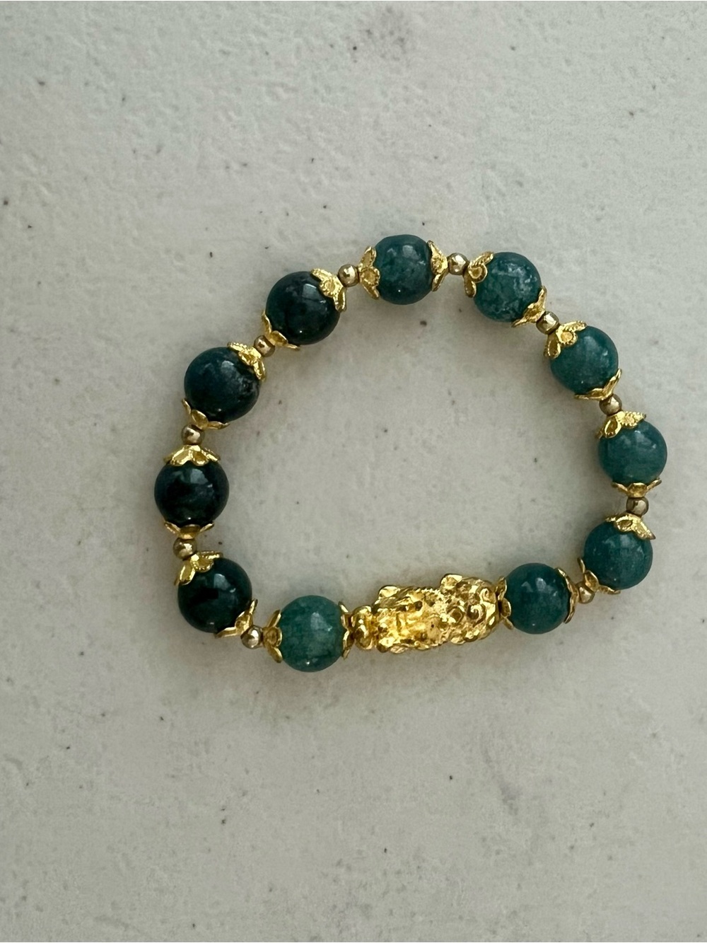 Green beaded bracelet gold-toned Pixiu charm for wealth good luck stretch